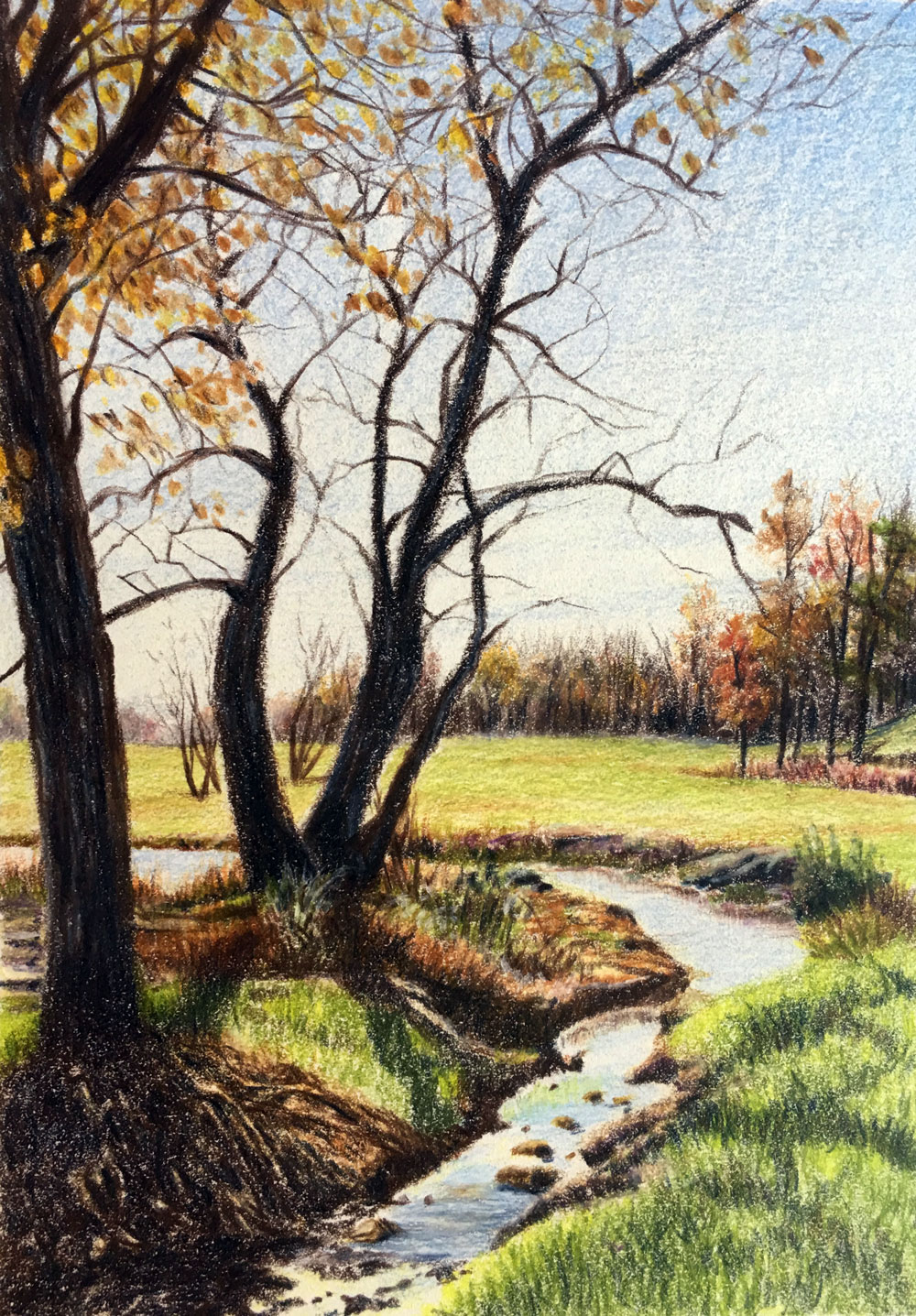Colored pencil landscape drawing class - Gentle Stream