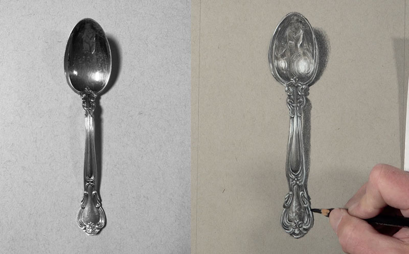 Drawing the cast shadow underneath the spoon