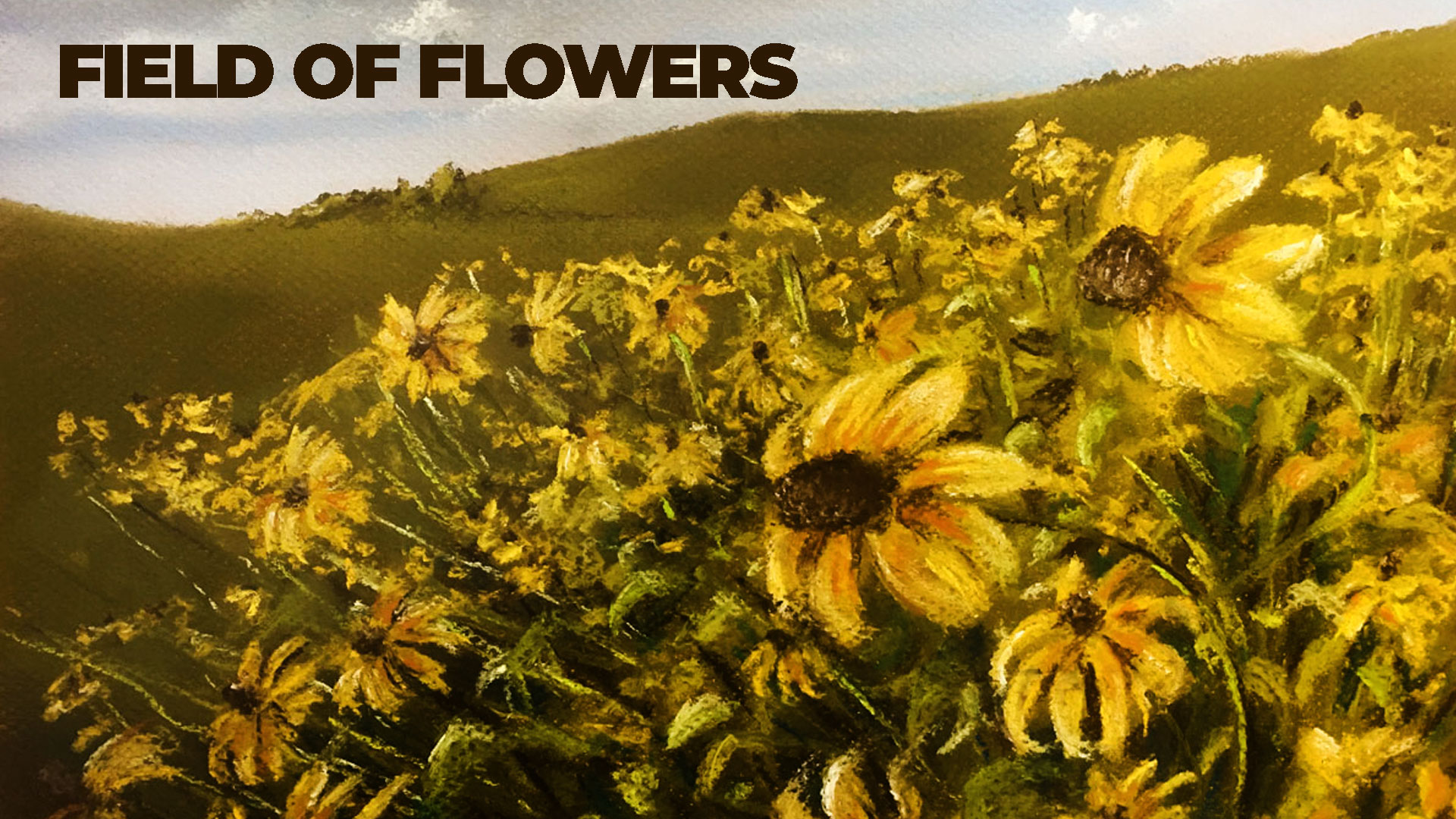Pastel landscape drawing of a field of flowers