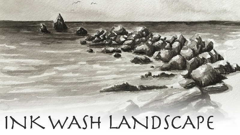 Ink wash painting of rocks on the shore