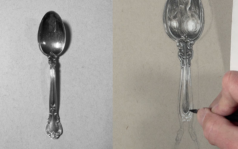 Adding lights and dark tones to the drawing of the spoon