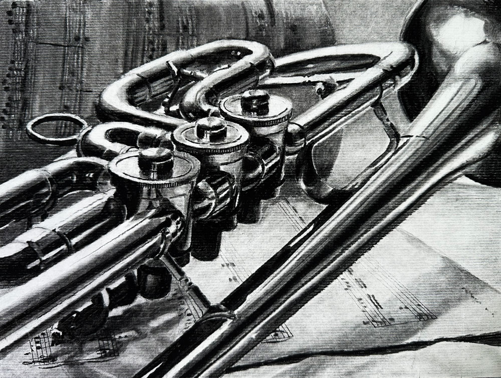 Still Life Drawing of a Trumpet with Charcoal