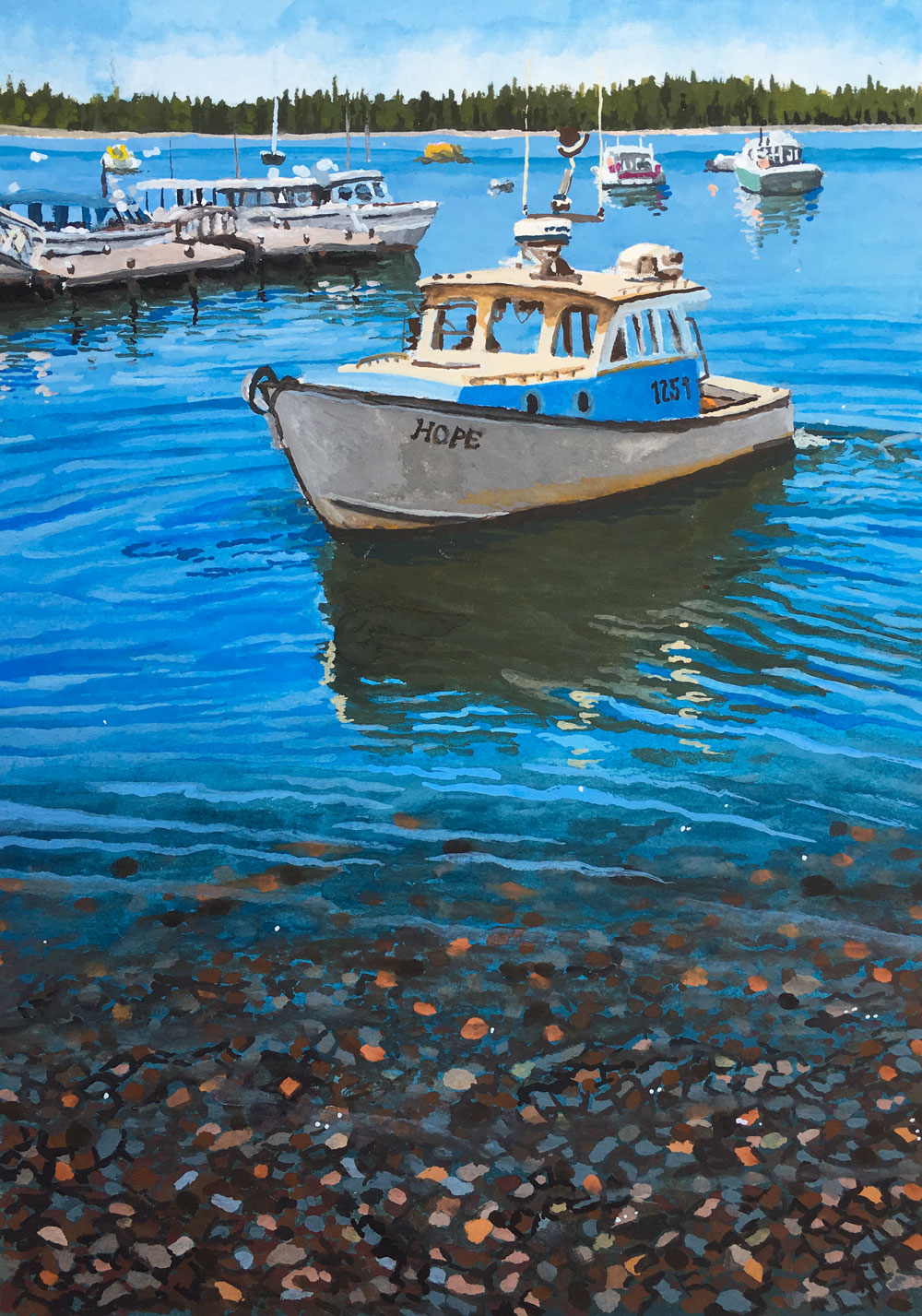 Gouache painting of a boat on the water